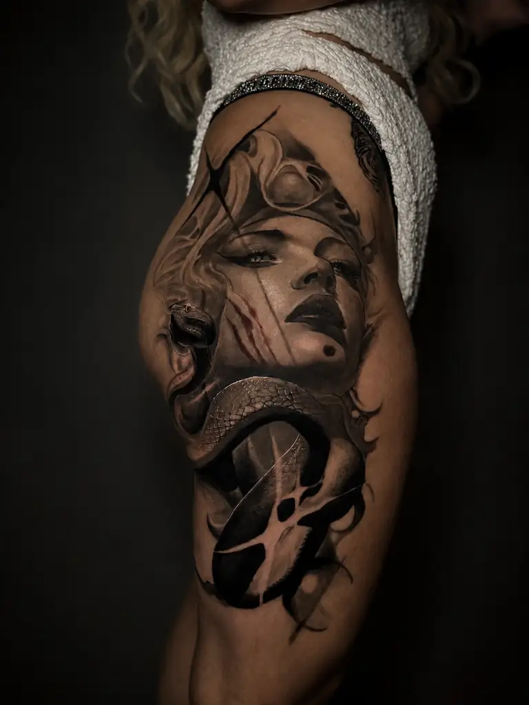 Black and grey realism Medusa and snake tattoo on the thigh.