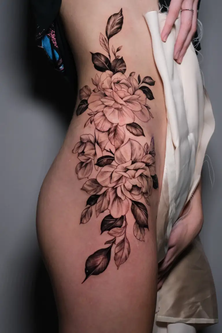 Black and grey floral botanical realism tattoo.