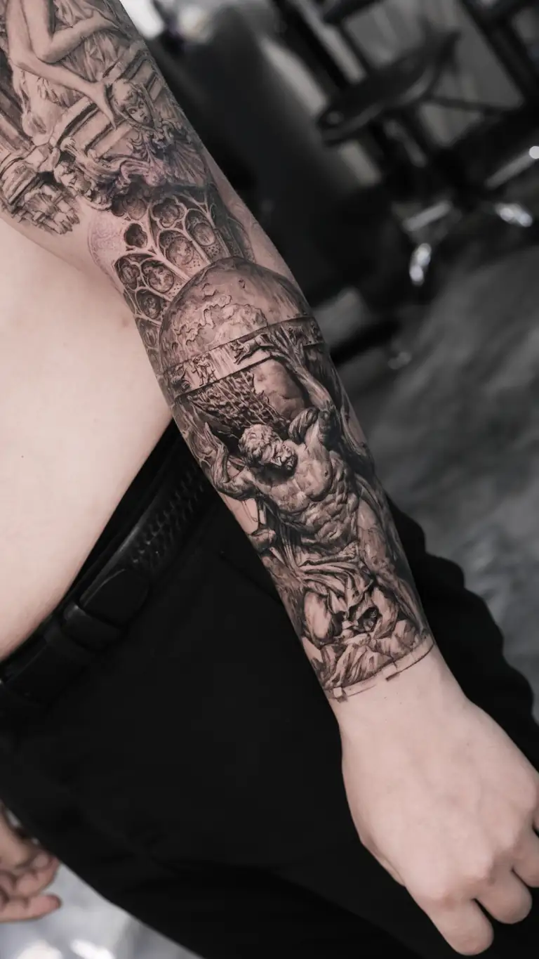 Black and grey classical mythology realism sleeve tattoo.