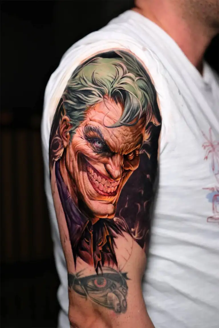 Color comic realism villain portrait tattoo.