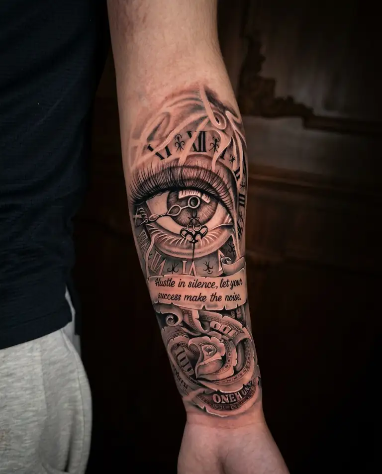 Black and grey realism forearm sleeve tattoo with an eye and clock.