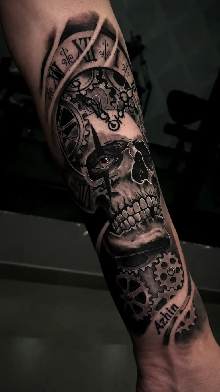 Black and grey realism forearm tattoo with skull and clock.