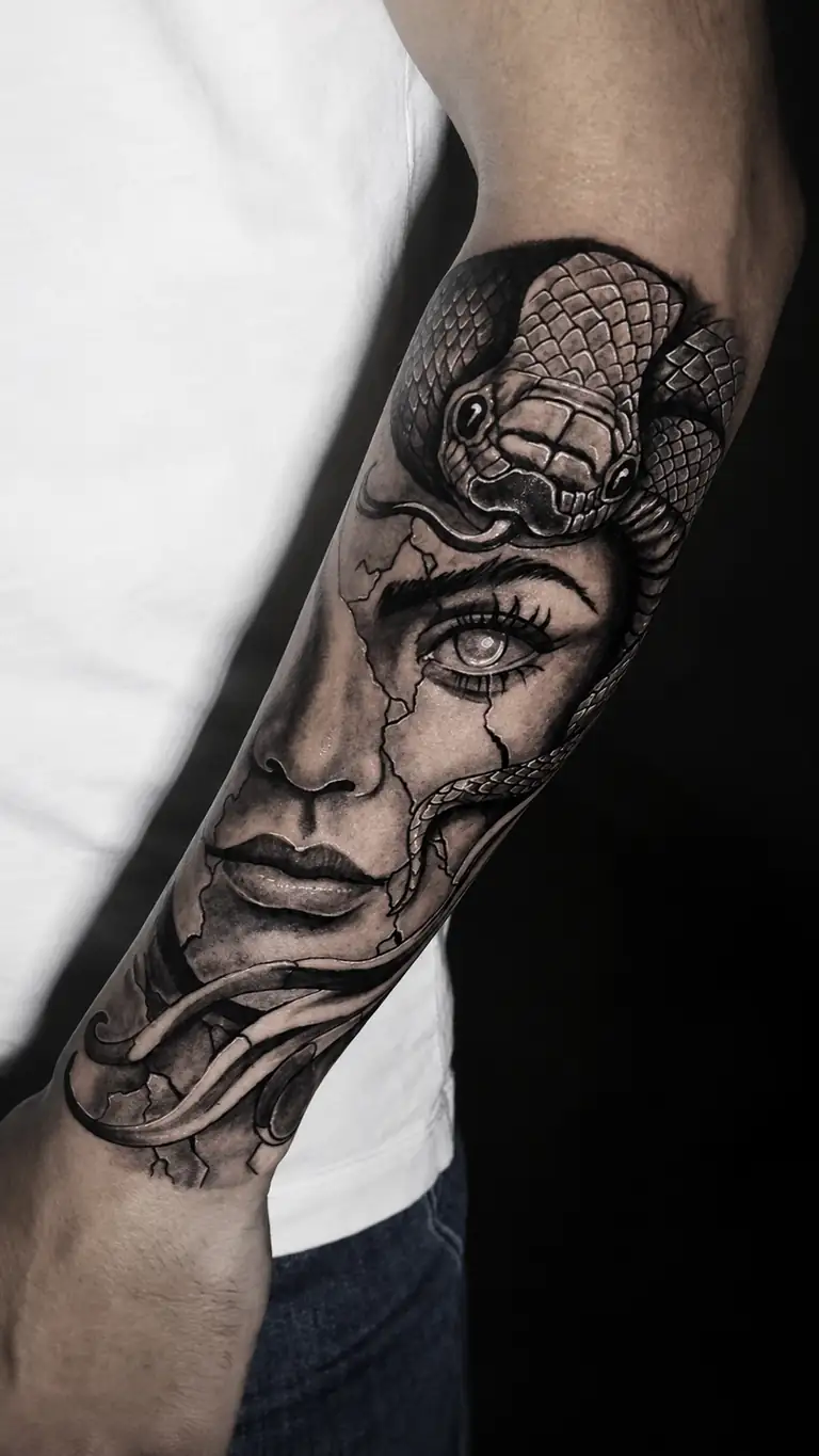 Black and grey realism portrait tattoo with snake detail on the forearm.