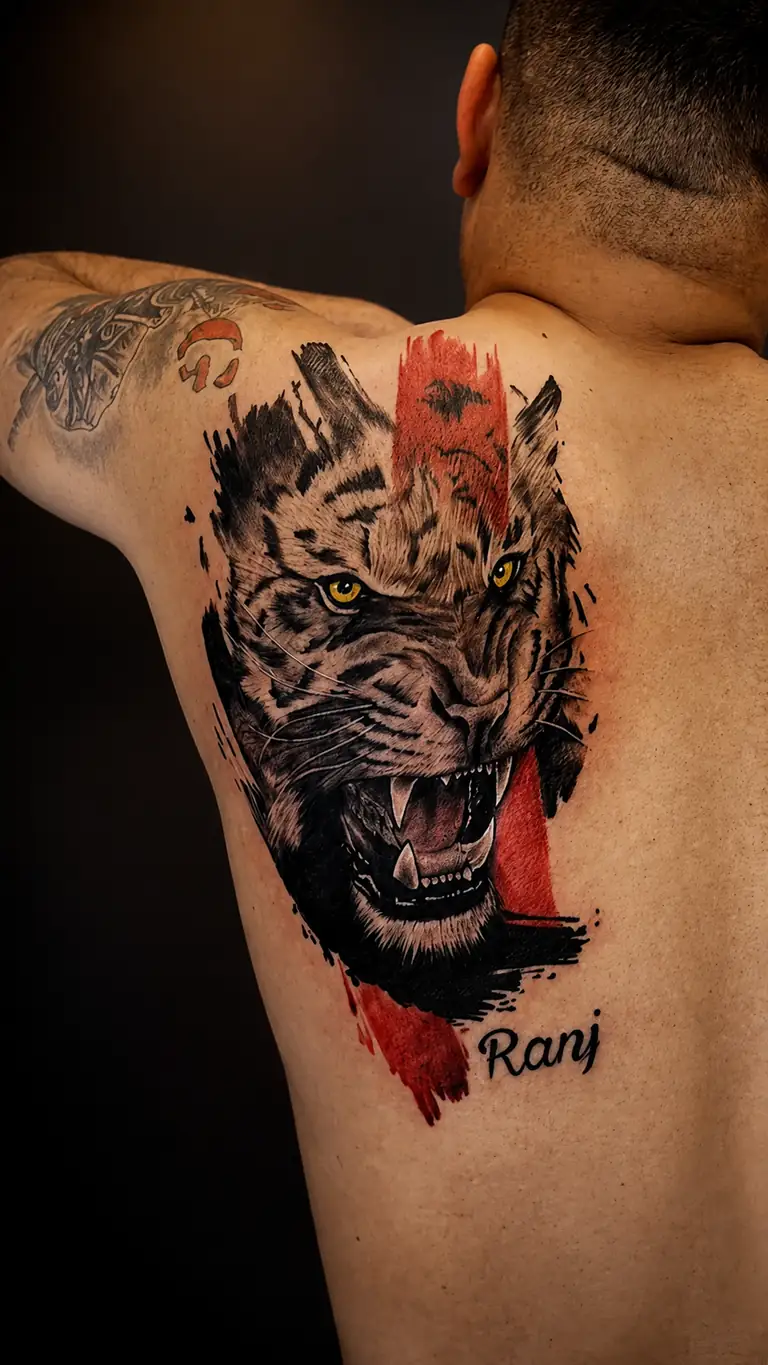 Color realism tiger tattoo across the back.
