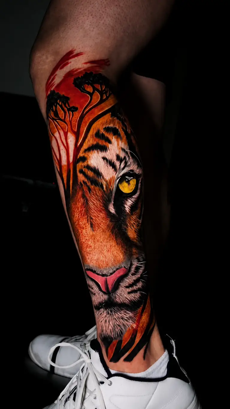 Color realism tiger tattoo on the calf.