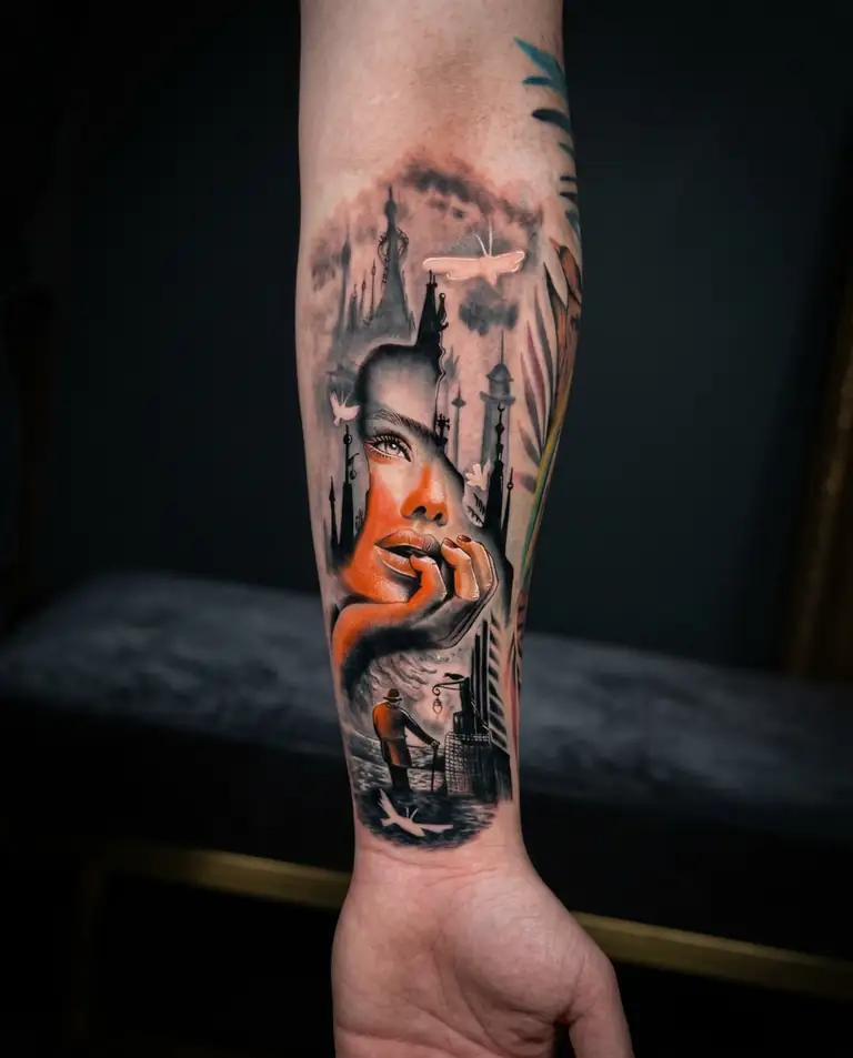 Color realism surreal portrait tattoo on the forearm.