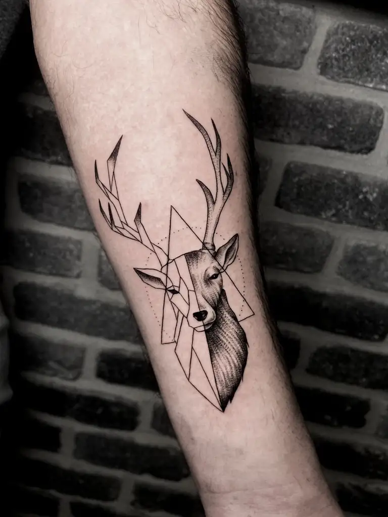 Geometric deer linework forearm tattoo at Eleven Tattoo Gallery Istanbul.