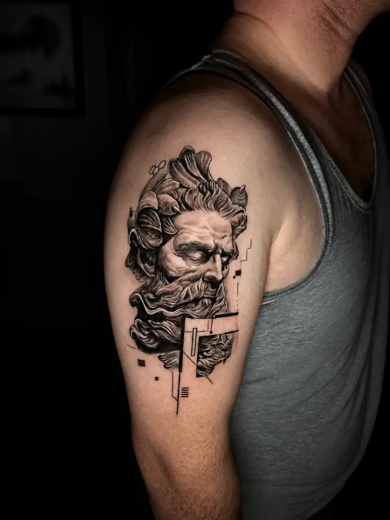 Black and grey realism Greek statue tattoo on the arm.