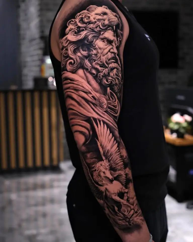 Greek statue realism sleeve tattoo at Eleven Tattoo Gallery Istanbul.